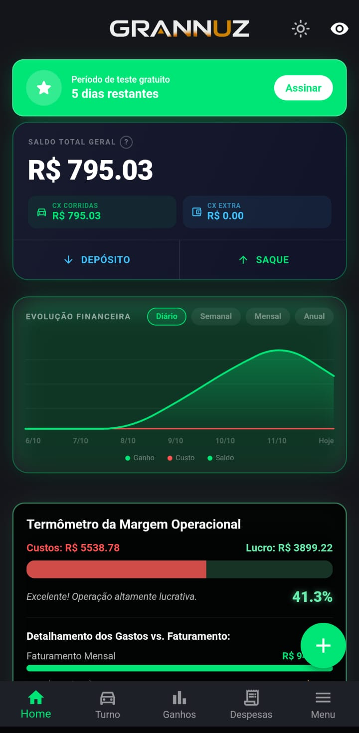 Tela inicial com saldo e evolução financeira do Grannuz