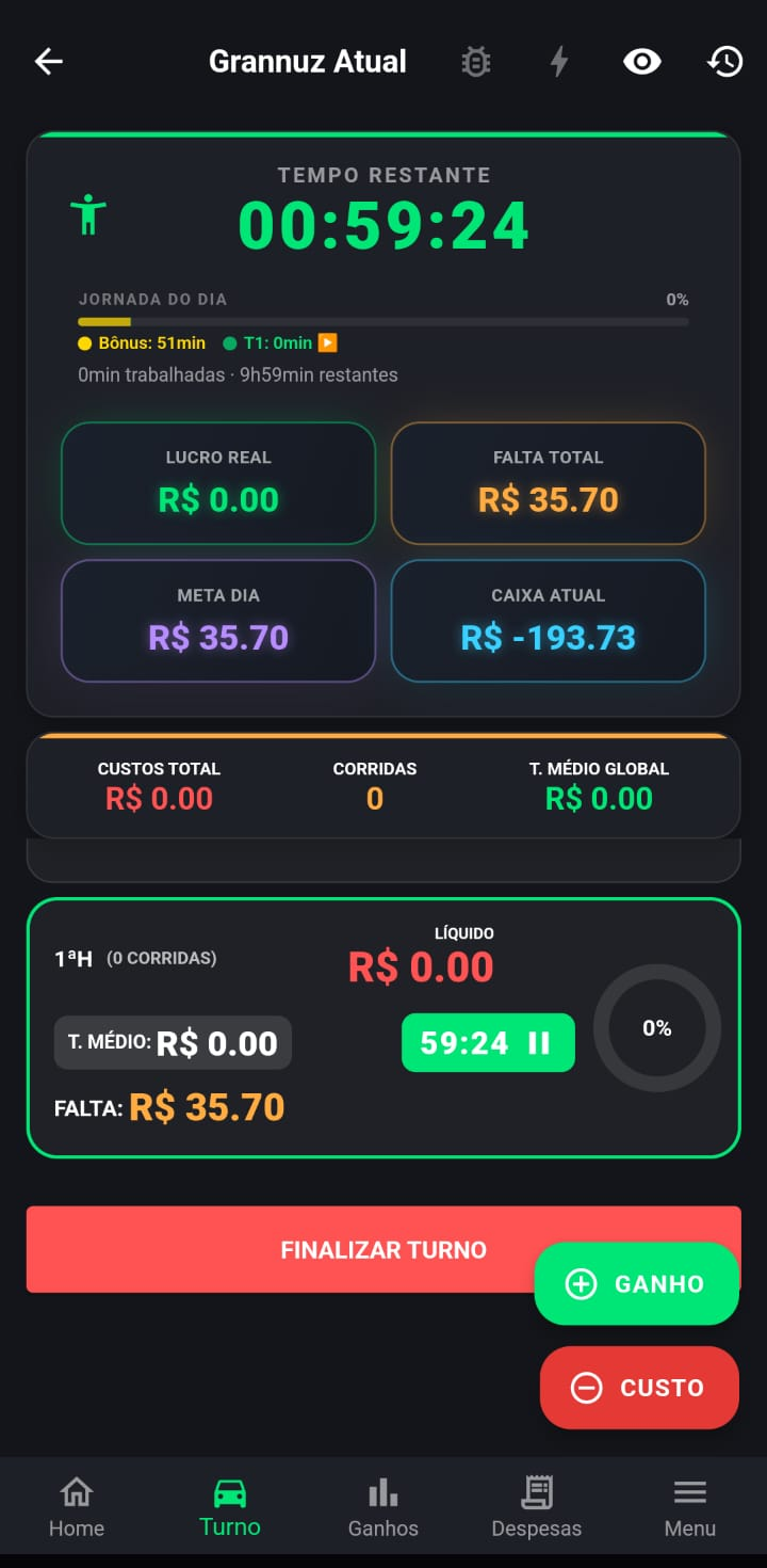 Tela de turno ativo com lucro real do Grannuz